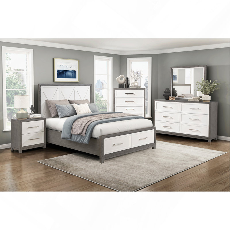 Grand lit plateforme avec rangement au pied de lit et finition élégante à deux tons, parfait pour les chambres à coucher modernes