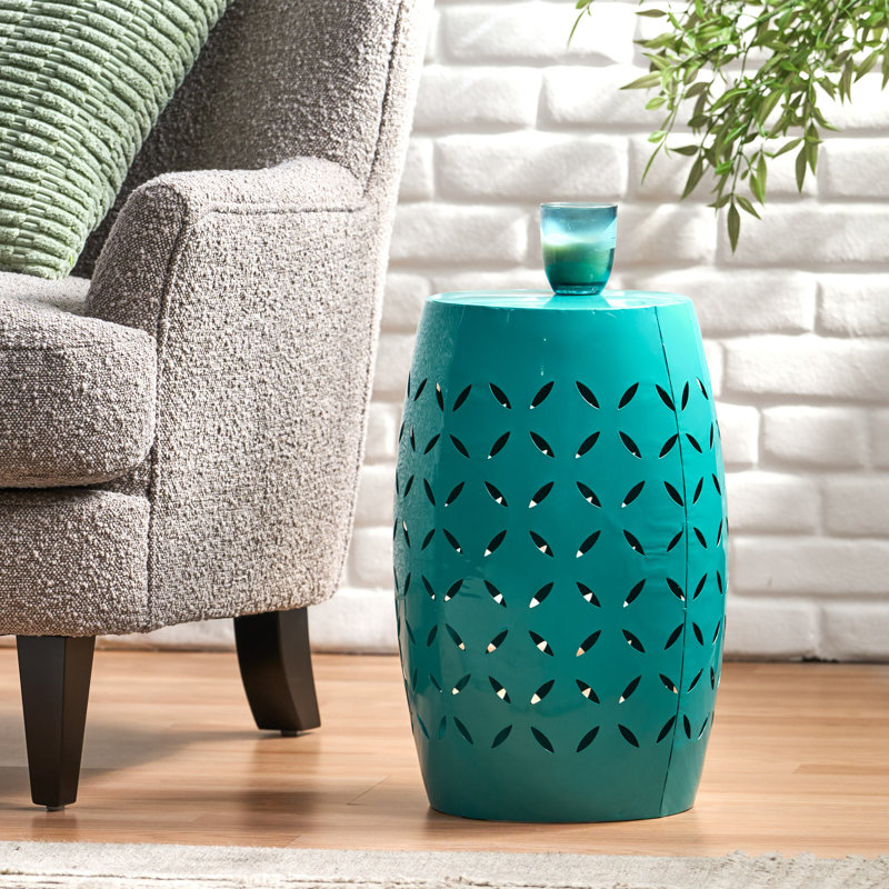  12" Cylindrical Accent Side Table, Modern Industrial Metal End Table for Living Room or Patio, Teal, Green