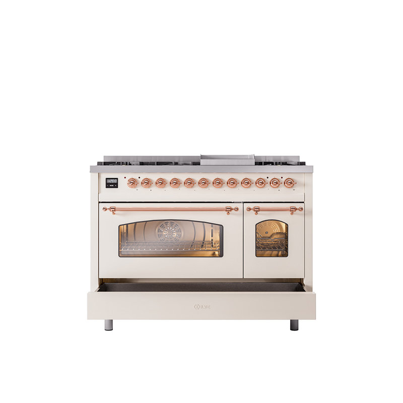 ILVE Nostalgie II Series 48 inch Dual Fuel Range with 8 Sealed Burners, Griddle (Glass Door), Liquid Propane