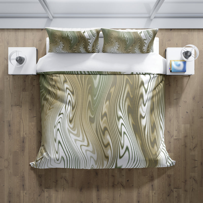 Ensemble de housse de couette ondulé, Housse de couette grand + 2 taies décoratives, Blanc / olive