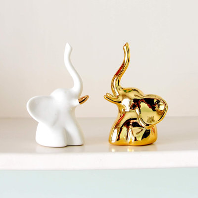 Gold and White Elephant Statue Set, Decorative Home Accents for Shelves, Living Room, Bedroom, Office Decor