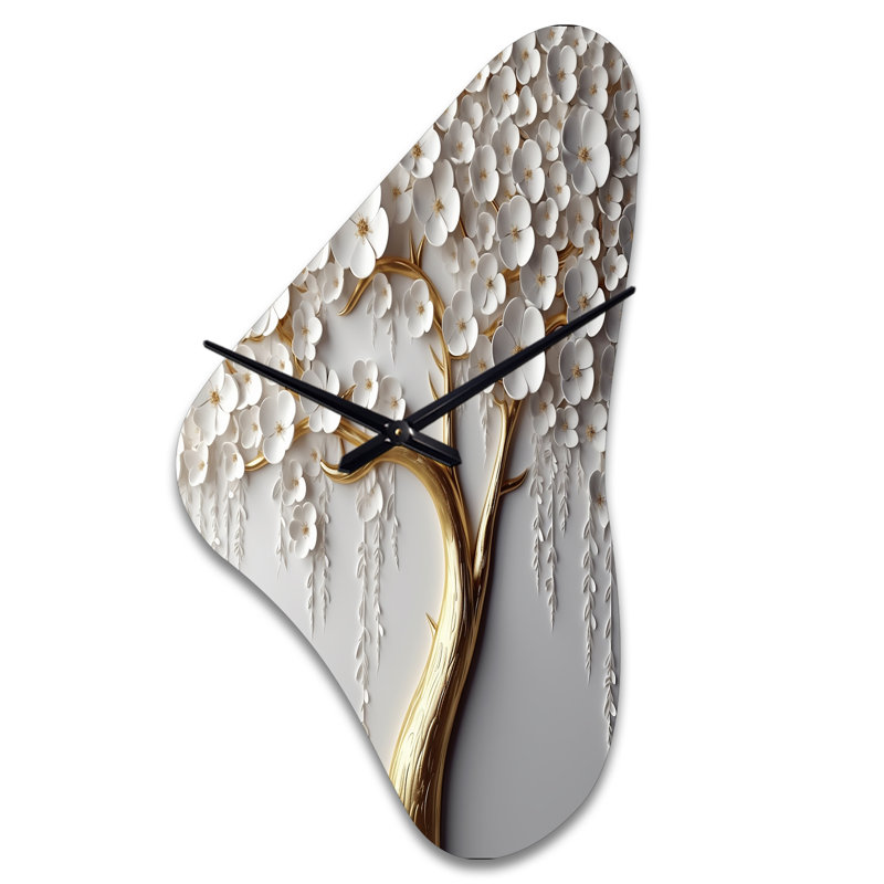 Orchidée blanche jardin de branches II - horloge florale asymétrique en métal, horloge murale moderne, Médium