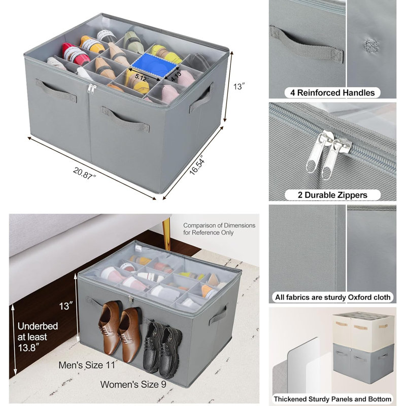 Foldable Shoe Organizer With Dividers Fits 16 Pairs Grey