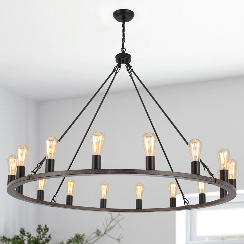 16 - Light 31 inch  Modern Farmhouse Dimmable Wagon Wheel Chandelier for Living Room, Foyer, Entryway, Brown/Black