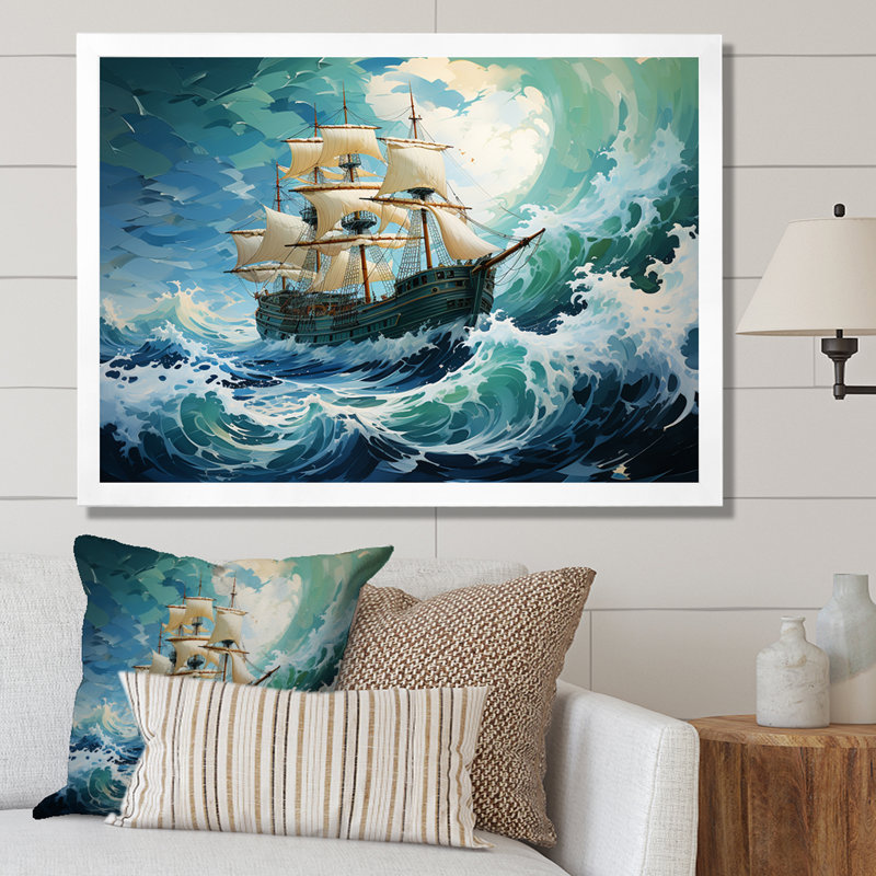 The Pirate Boat Odyssey's Voyage I - Art mural classique, Cadre de coin blanc fermé, H 12 po x l 20 po x P 1 po