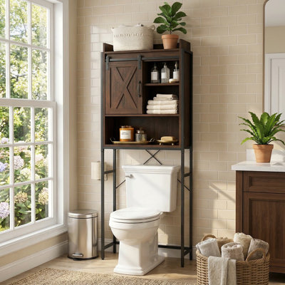Armoire de rangement pour toilette à grande capacité à 4 niveaux avec tablettes intérieures réglables personnalisables et porte de grange coulissante lisse pour la salle de bain