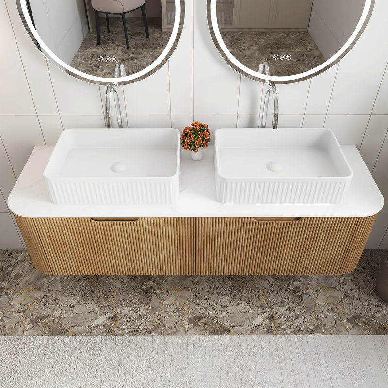 Meuble-lavabo mural 60 po avec 2 lavabos rectangulaires blancs en céramique pré-assemblés