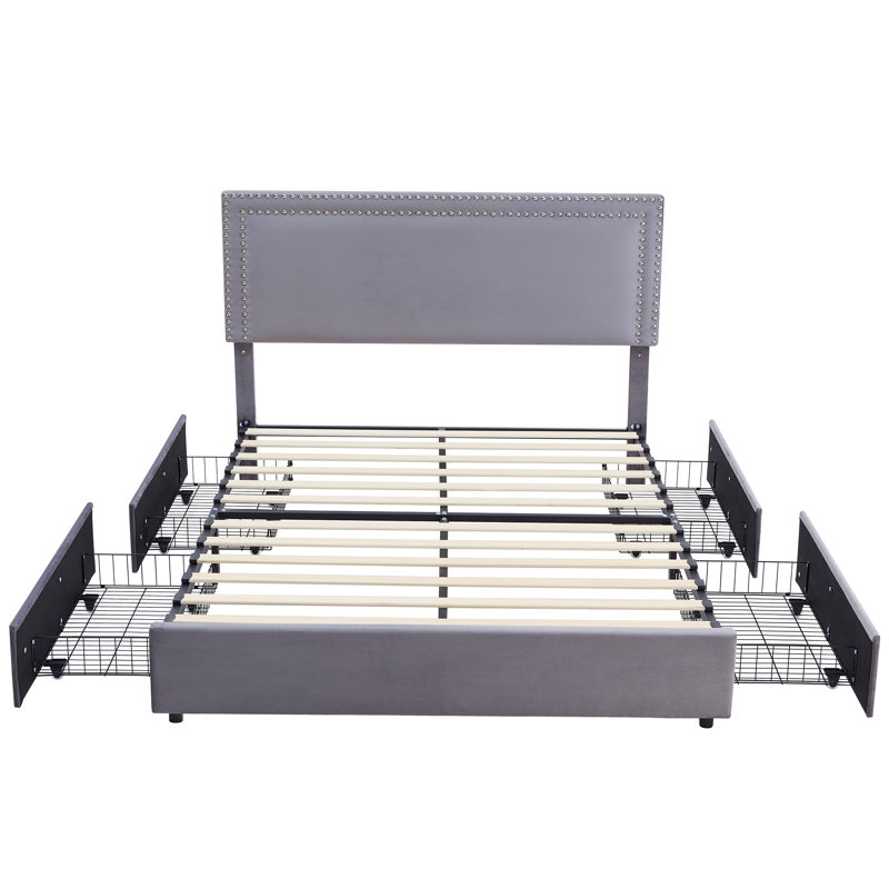 Grand lit avec tiroirs de rangement Lit plateforme tapissier avec tête de lit réglable, Grand, Gris foncé