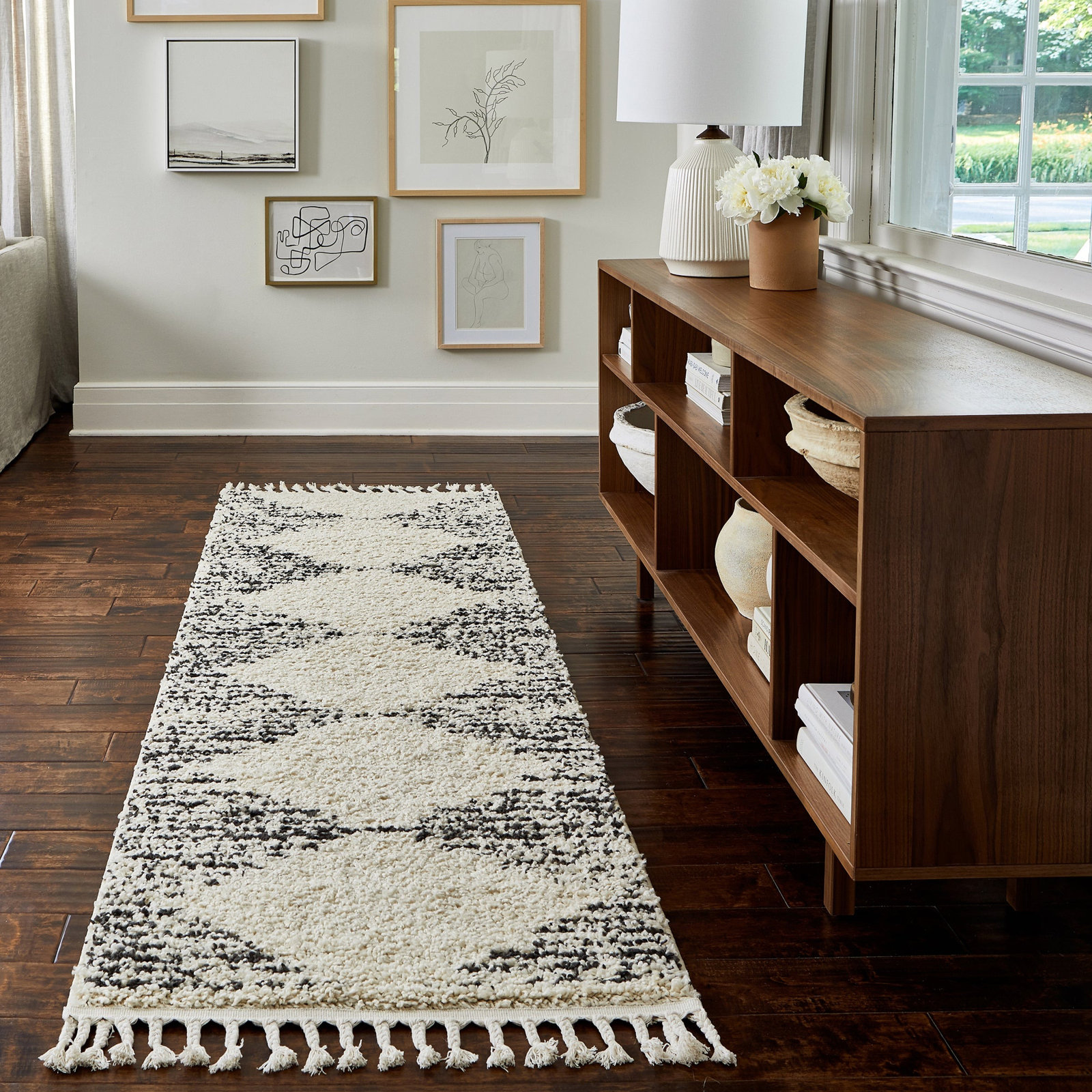 Carnahan Off White Charcoal Moroccan Shag Rug, Runner 2'6" x 12'