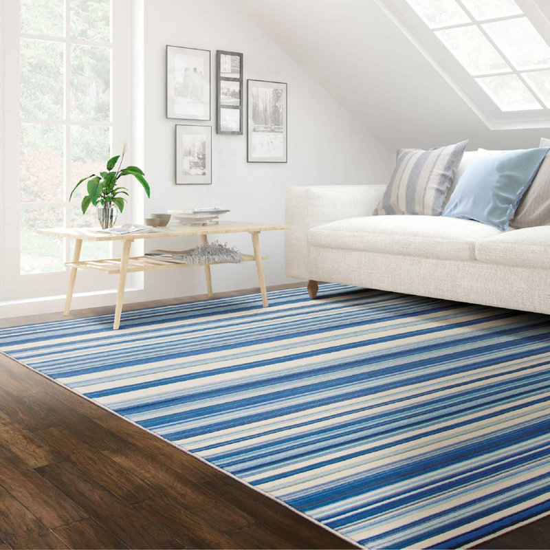 Blue and Off-White Striped Wool Blend Rectangular Rug