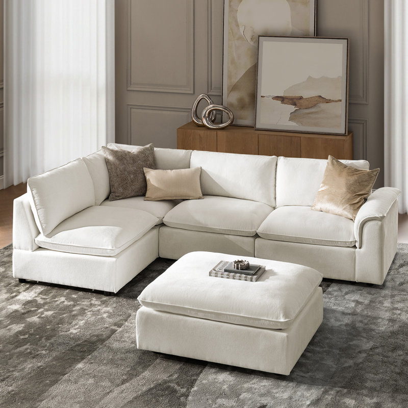  Canapé modulaire surdimensionné en L de 5 pièces avec housse de coussin amovible Ci 114, Polyester ivoire