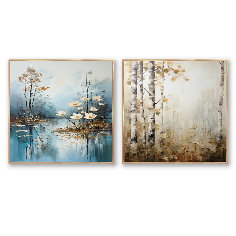 «Minimal River Forest», ensemble de 2 collages carrés, Cadre flottant doré, H 36 po x l 73 po