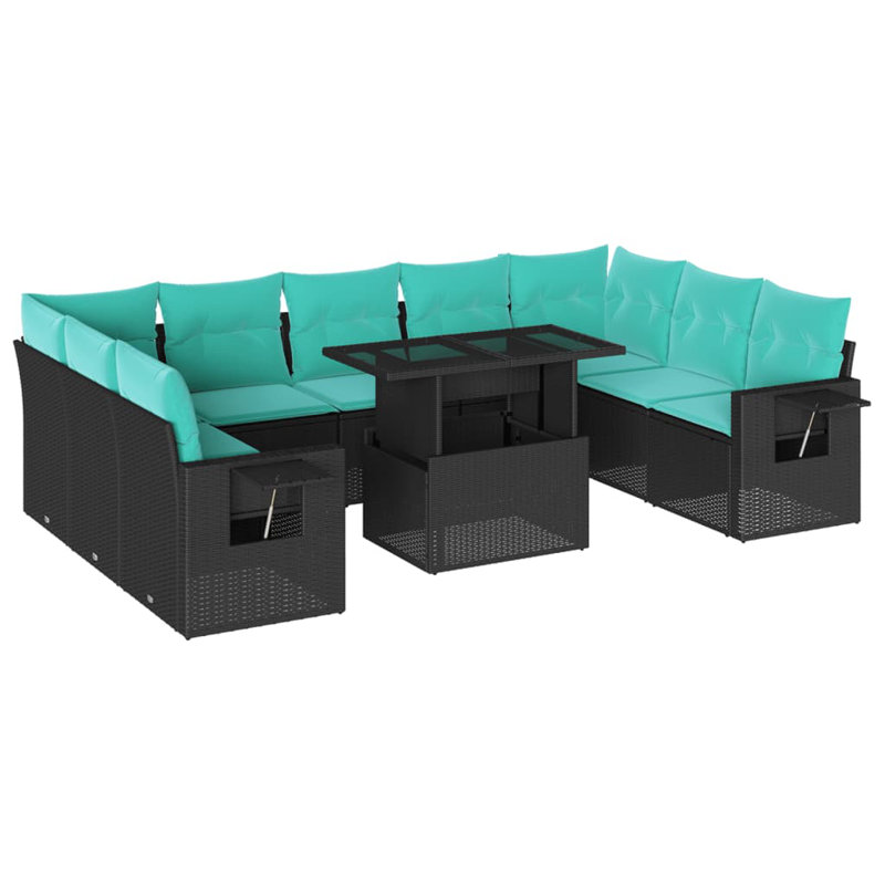 Ensemble de canapé de patio 10 pièces avec coussins en rotin de polyester, Bleu clair, Noir