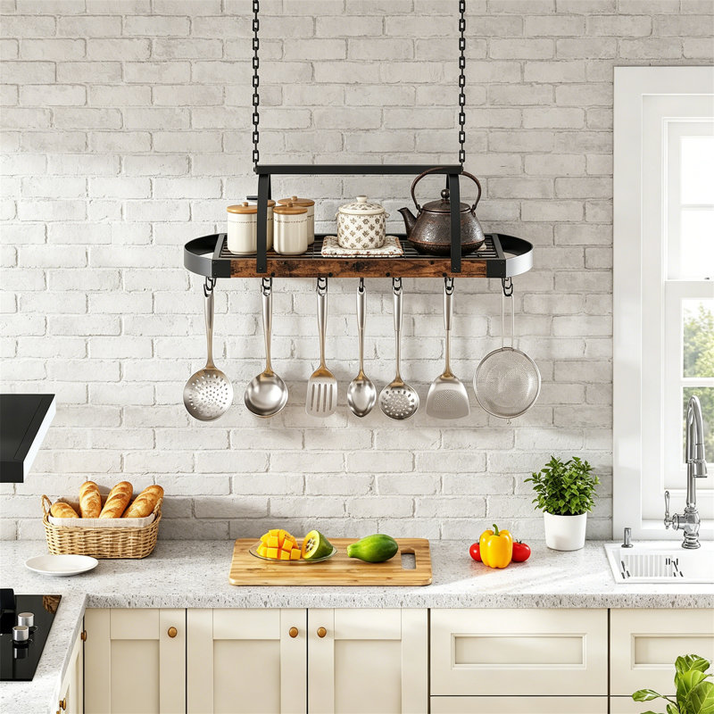 Ceiling Mount Pot Holder with 18 Hooks, Rustic Brown Space Saving Cookware Organizer for Kitchen