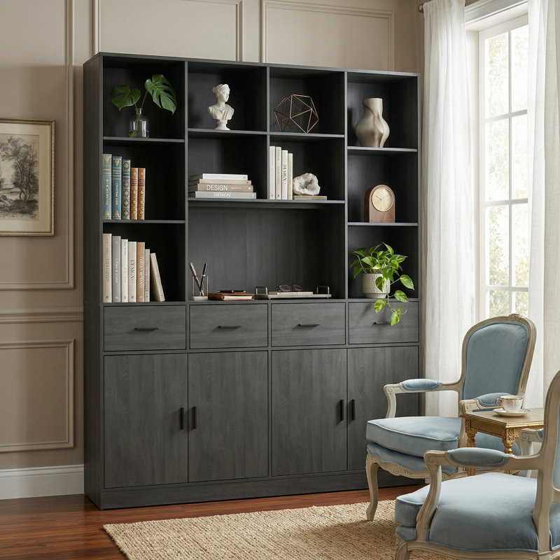 Modern Versatile Bookcase - 78.7" H X 63" W X 15.7" D - Stylish Multi-Compartment Storage With Drawers And Cabinets, Black