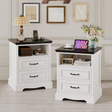 Farmhouse Nightstand Set of 2 With Charging Station, 18” Wide End Table With 2 Drawers for Bedroom Modern Bedside Table Storage Cabinet, Wood Small Dresser Drawer Chest for Living Room, Closet,Hallway, Office Entryway