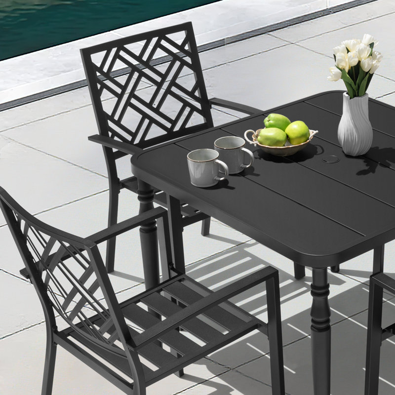 5-piece Metal Patio Dining Set With Umbrella Hole And 4 Stackable Chairs