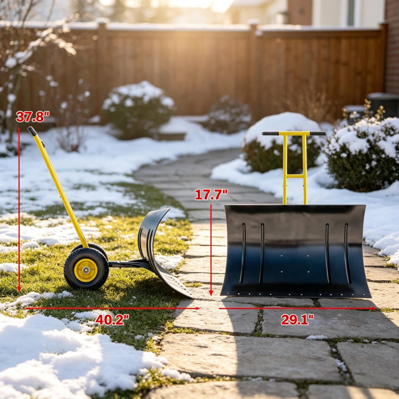 Pelle à neige jaune à roues avec lame en acier de 74 cm (29,1 pouces), réglage d'angle à 7 positions et poignée ergonomique réglable pour le déneigement des allées extérieures.