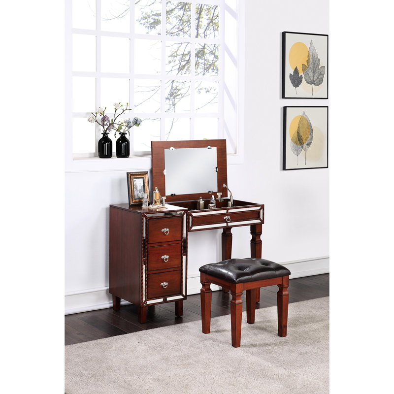 Meuble-lavabo classique de couleur cerise pour la chambre à coucher avec tabouret rembourré confortable et tiroirs rembourrés traditionnels