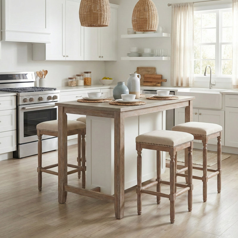 Liya 4-Piece Upholstered Counter Stool Set, Dark Cream/Walnut