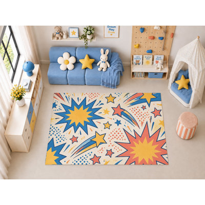Tapis d'intérieur ultramince 152 x 213 cm (5' x 7') à motif étoiles filantes et BD, idéal pour la chambre d'enfant, la crèche, la salle de classe ou la salle de jeux. Doux et à poils courts, avec revêtement antidérapant en silicone.