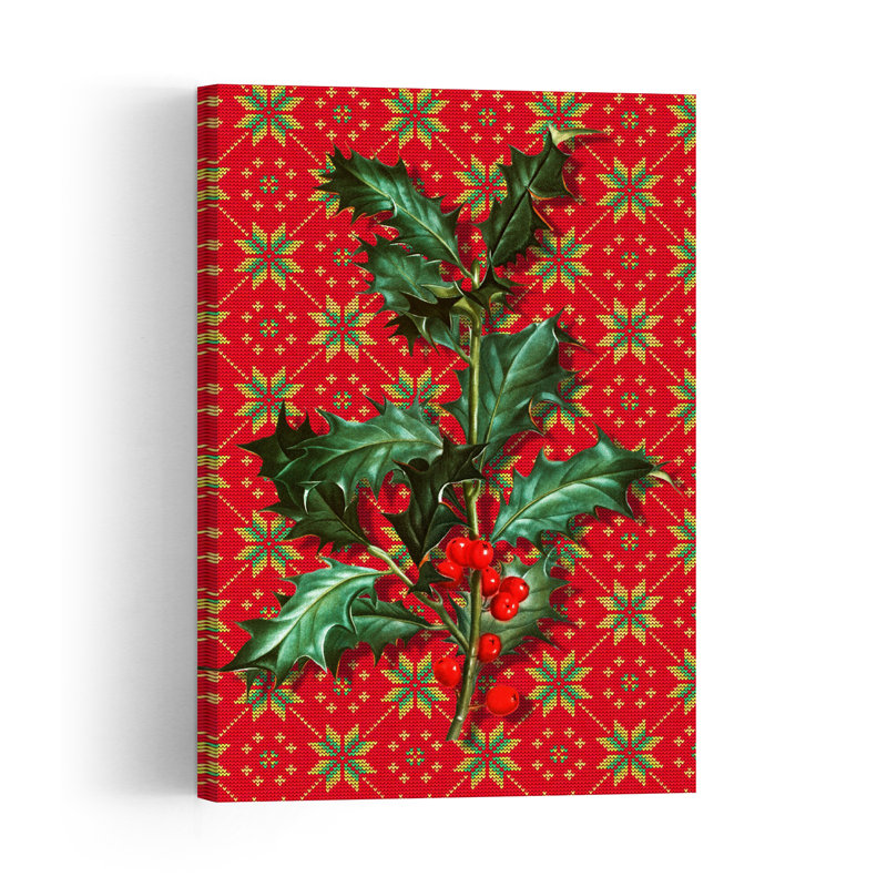 Festive Holly Knit Pattern Classic Traditional Vibrant Nature Plant Wall Art Print 1 Piece Wrapped Canvas Wall Art