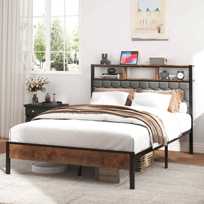 Full Size Bed Frame, Wooden Platform Bed Frame, Bedside With Soft Package And 2 Usbs, No Noise