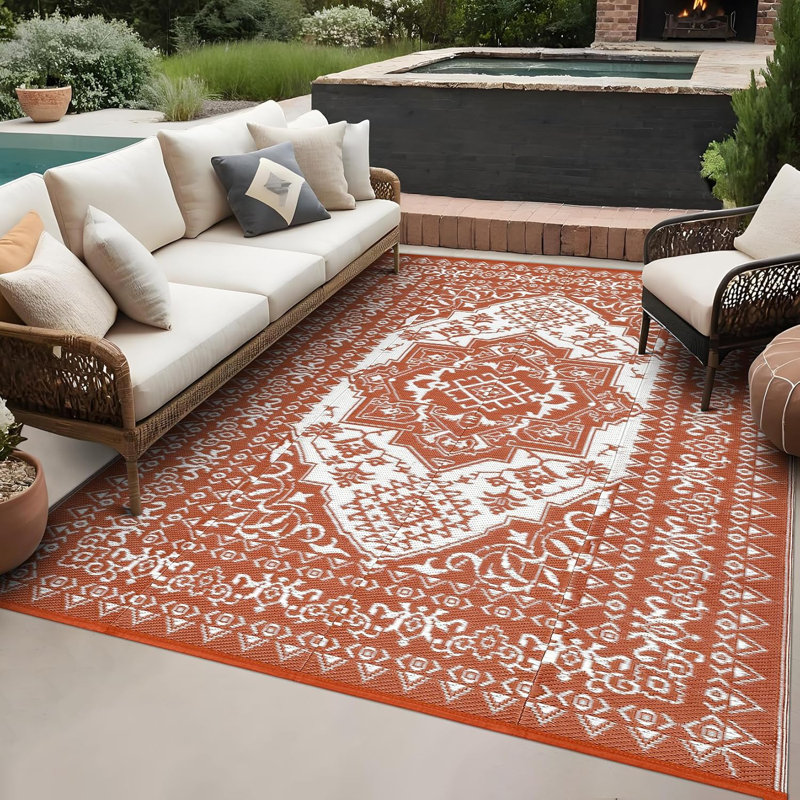 Outdoor Waterproof Reversible Rug – Vintage Medallion Patio & Porch Mat with Portable Bag & Stakes for RV, Camping, Backyard, Deck, Balcony