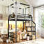 Lit mezzanine avec escalier de rangement et garde-robe, lit mezzanine en métal avec structure de baldaquin et éclairage DEL, grand espace de rangement sous le lit.