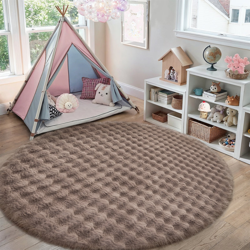 Tapis moderne en lapin uni doux et antidérapant lavable à la machine, Brown, Round 6'