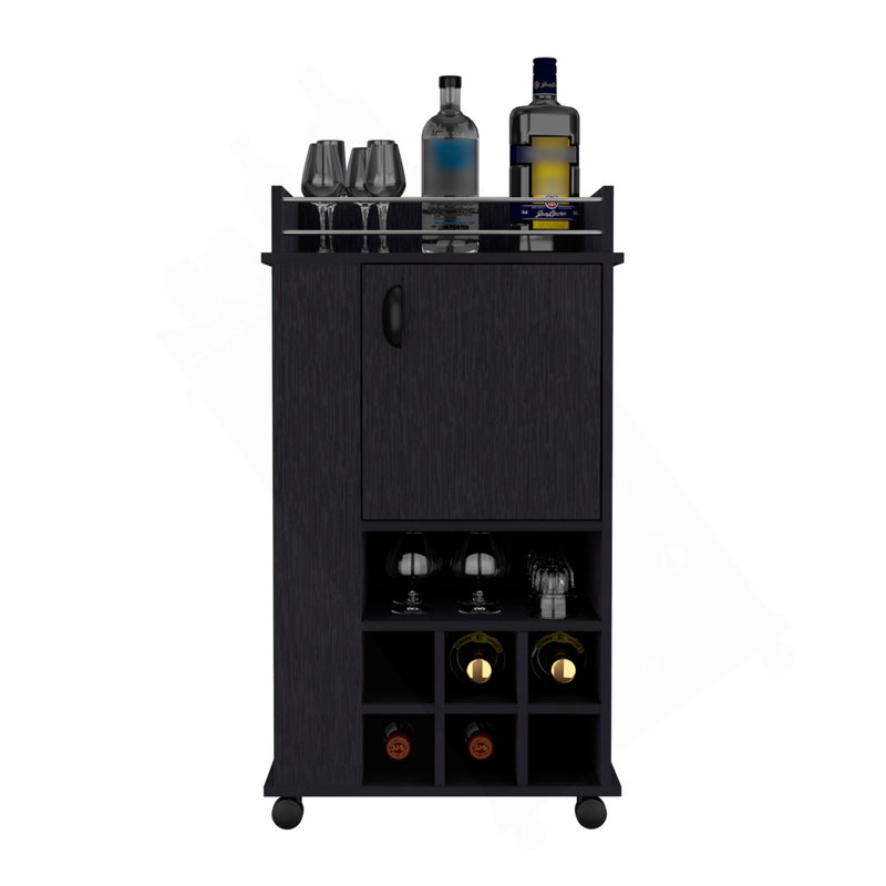 Chariot-bar avec roulettes Reese, six casiers à vin et une porte, finition wengé noir