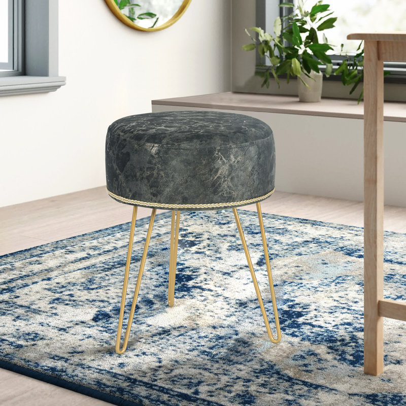 Velvet Round Footstool Ottoman, Grey Velvet