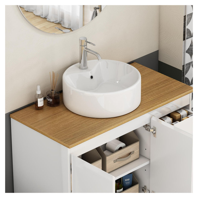 15.7" Bathroom Vessel Sink, Ceramic Round Vanity Sink with Overflow Hole, Glossy White Countertop Basin for Modern Bathroom Renovation