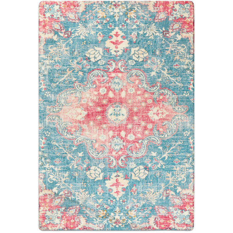 Juanelle Performance Washable Indoor Rug, Retangle 6' x 9', Turquoise & Pink