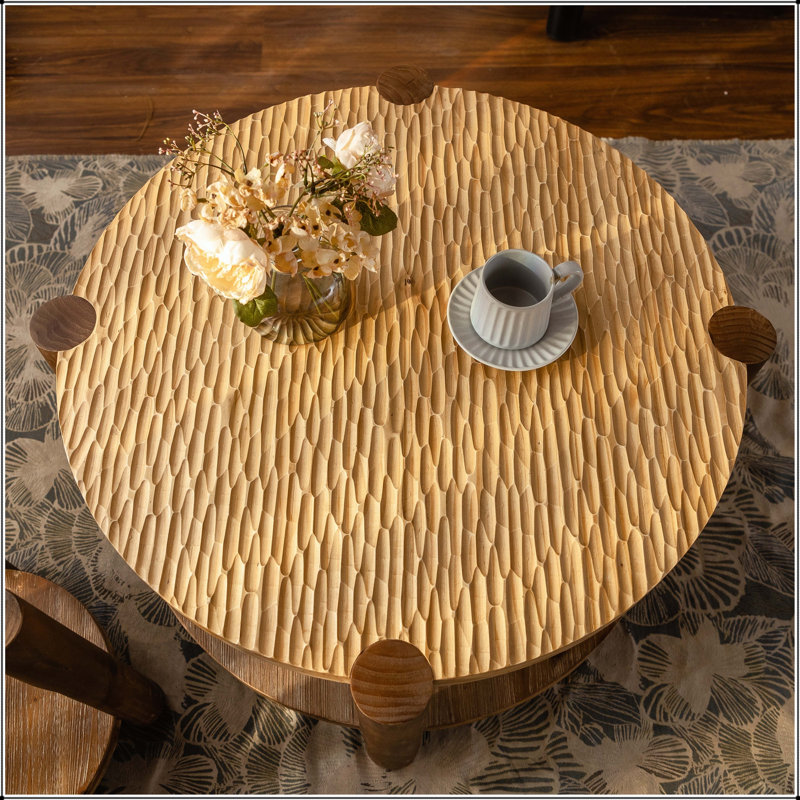 Table basse ronde avec rangement à 2 niveaux et pieds en bois massif