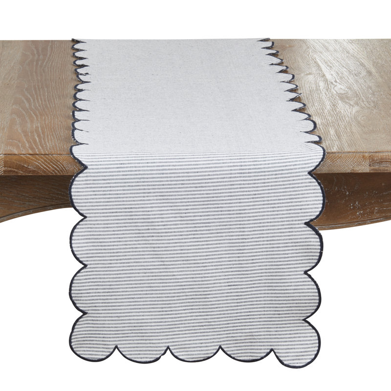 Cotton Striped Scalloped Table Runner – Everyday Woven Table Runner for Dining & Console Tables, 16"x72", Navy