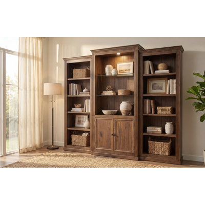 Bibliothèque brune de 78,75 po de hauteur avec 3 lumières DEL, armoire de présentation de style rétro avec tablettes en verre trempé, unité de rangement idéale pour le salon, le bureau, le studio et l'espace de travail