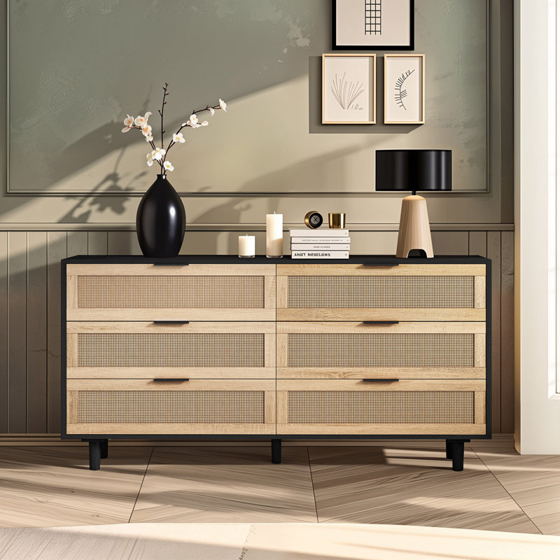 6-Drawers Rattan Storage Cabinet Rattan Drawer, 29.53" H x 51.18" W x 15.75" D, Black