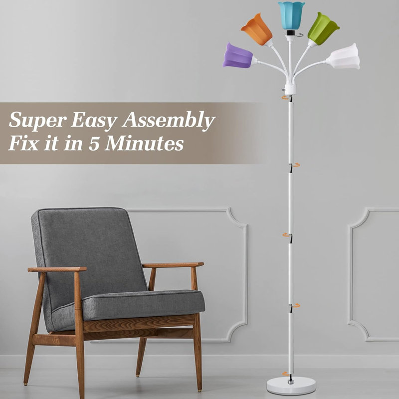 Lampe sur pied à DEL 67 po à têtes multiples de style moderne avec col-de-cygne réglable pour le salon, la chambre à coucher et le bureau, 6 ampoules non incluses (blanc)