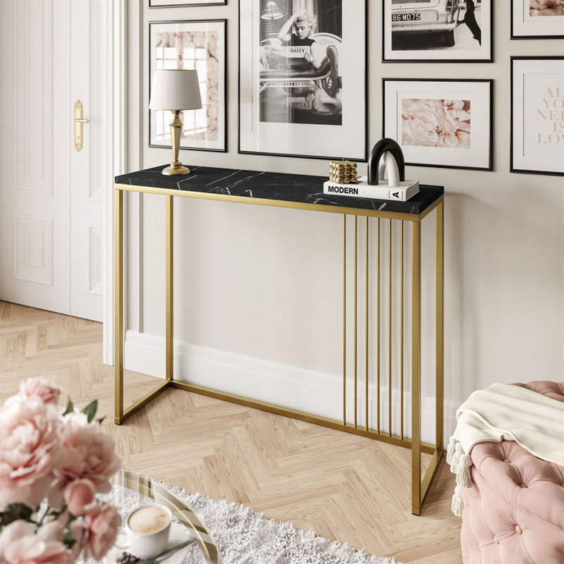 Heston Console Table, Black Marble , Matt Gold, 80cm H x 80cm W x 30cm D