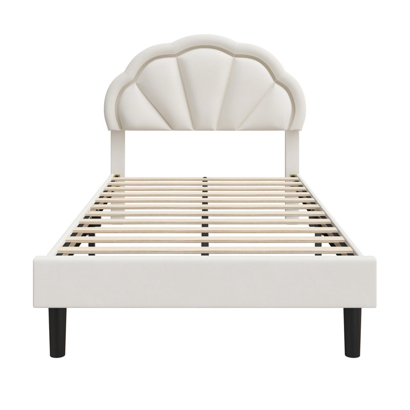 Lit plateforme tapissier en velours avec tête de lit et rangement Aisaiah, Simple, Blanc cassé