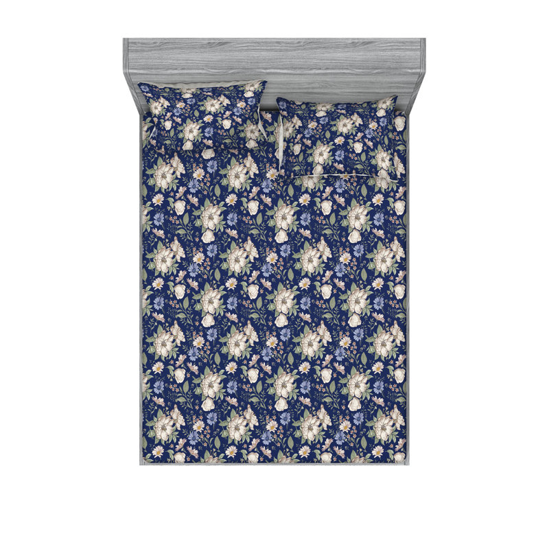 Drap-housse et taies décoratives 3 pièces Ambesonne, Indigo, bleu ciel, coquille d'œuf / floral