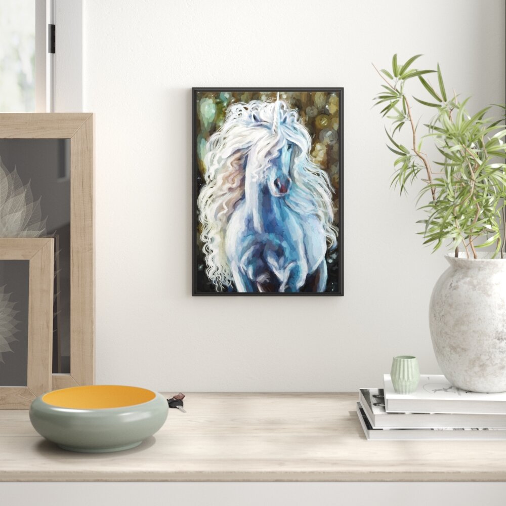 Gerahmtes Wandbild Trabendes weißes Einhorn Kunst