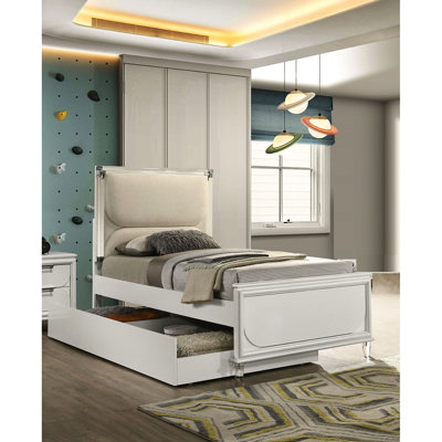 Pearl White Full Size Bed Frame In Contemporary Style, Engineered Wood And Rubberwood, Led On Headboard Feature Look