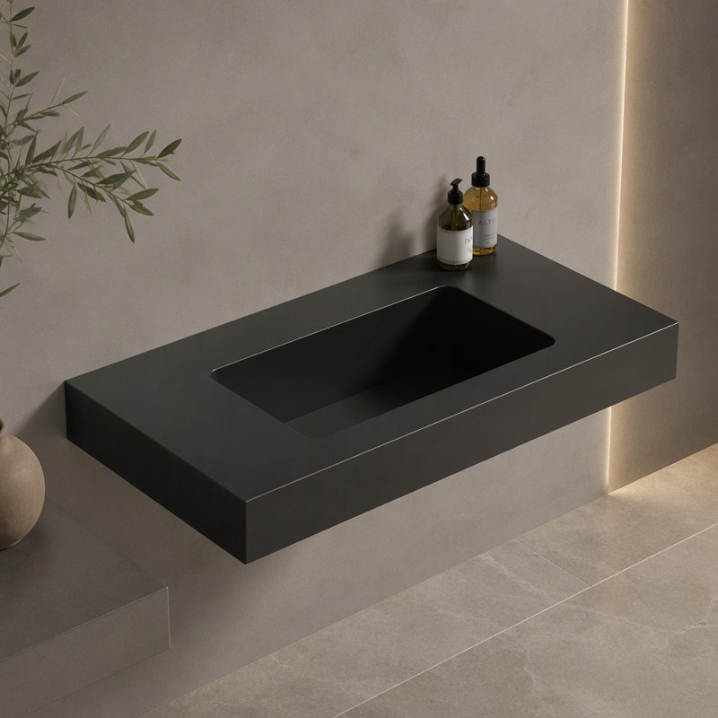 Vasque de salle de bain moderne intégré en surface solide avec trop-plein intégré, lavabo en composite de pierre résistant aux taches, sans meuble