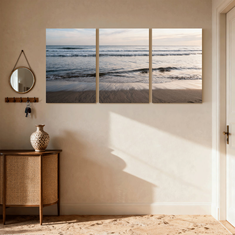 Plage, océan, vagues, coucher de soleil, ciel, sable, eau, horizon, ensemble de 3 impressions sur toile, H 30 po x l 60 po