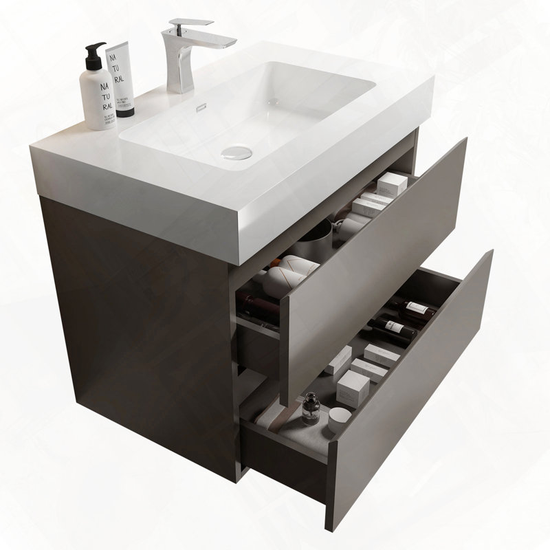 Grand meuble-lavabo flottant mural avec évier pré-assemblé, 30", Gris