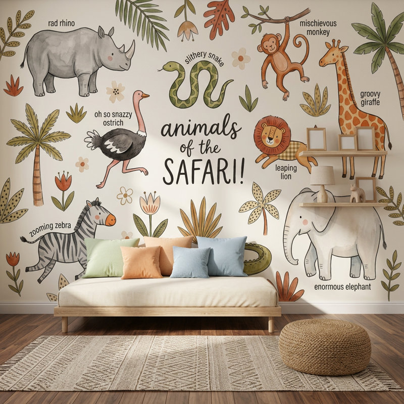 Papier peint animaux Safari, 160 po x 108 po, Peler et coller