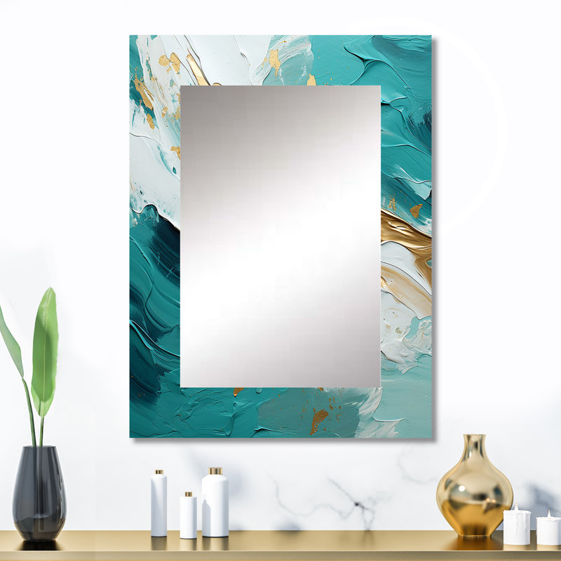 Golden Morning Glory Painting Gold On Teal - Midcentury Modern Mirror, Modern Decorative Wall Mirror, Printed Metal Art