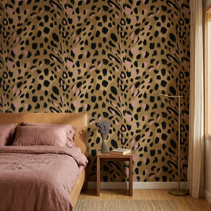 Papier peint mural à motif léopard abstrait avec des accents rose poudré, Non-Woven Non-Pasted